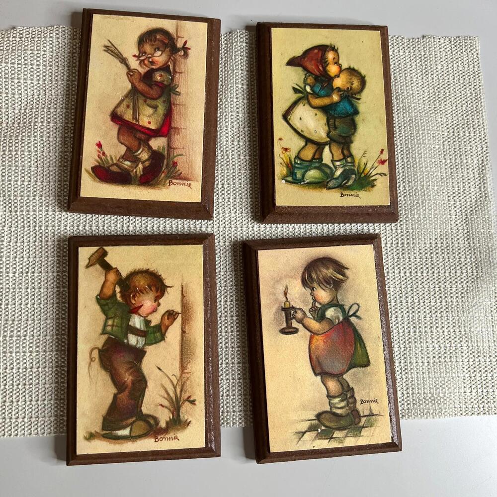 Vintage Bonnie Wall Plaques Set of 4 – Children Art‎ Wood Plaques Hummel Style